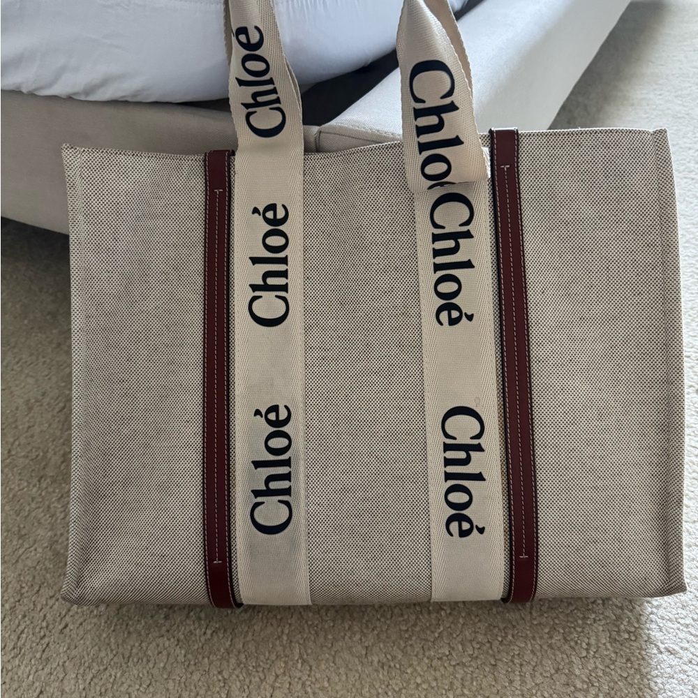 Chloe Gray and Brown Tote Bag with Elegant Stripes